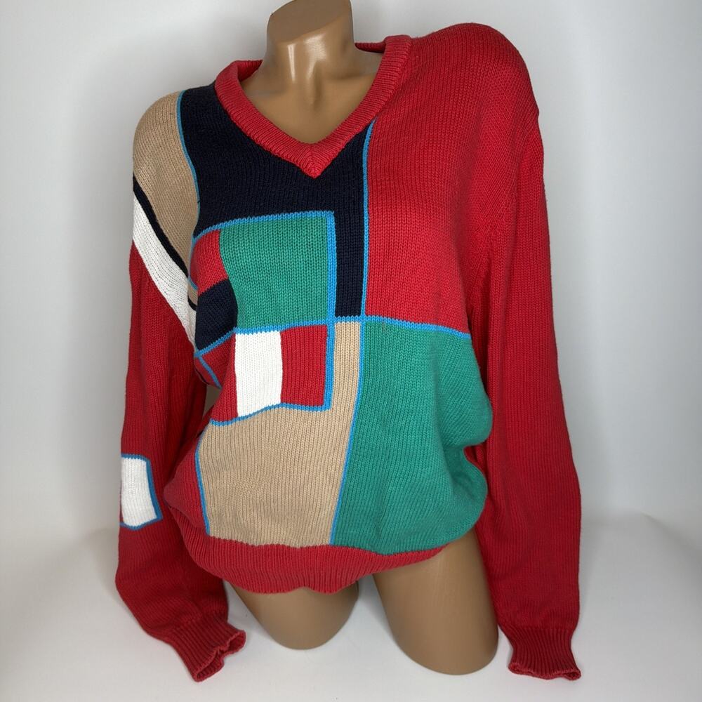 Vintage 90s Izod Club Mens M Colorblock Geometric V-Neck Knit Sweater Grandpa
